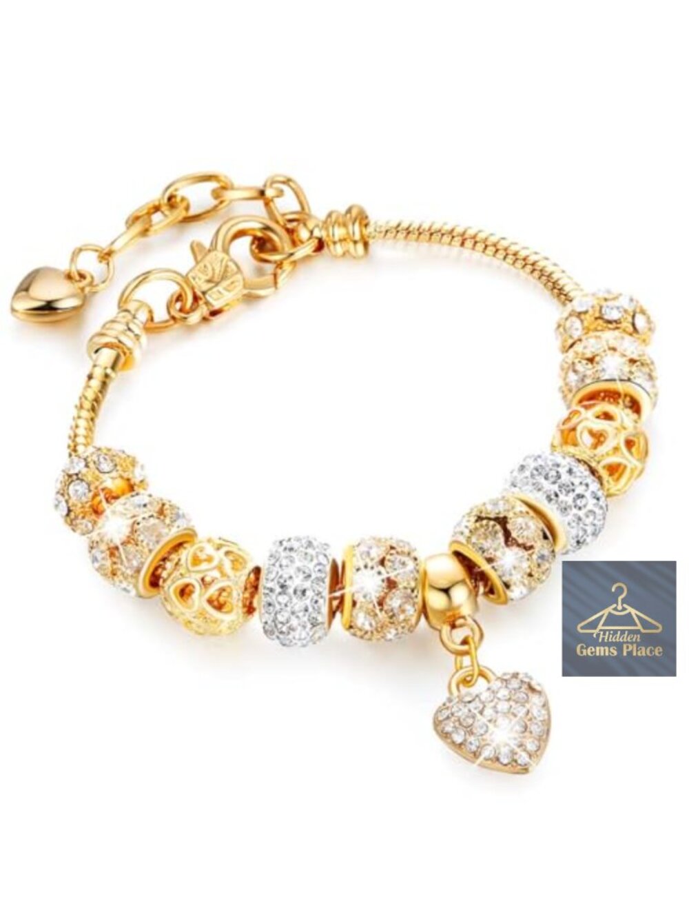 Gold Beads Rhinestone Heart Charm Bangle Bracelet Adjustable for Women